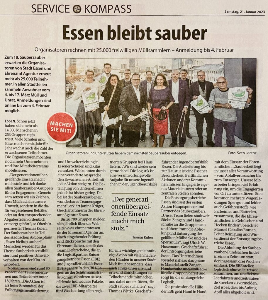 Bild vom Artikel der Essener Service Kompass Zeitung vom 21.01.2023 mit dem TItel "Essen bleibt sauber"