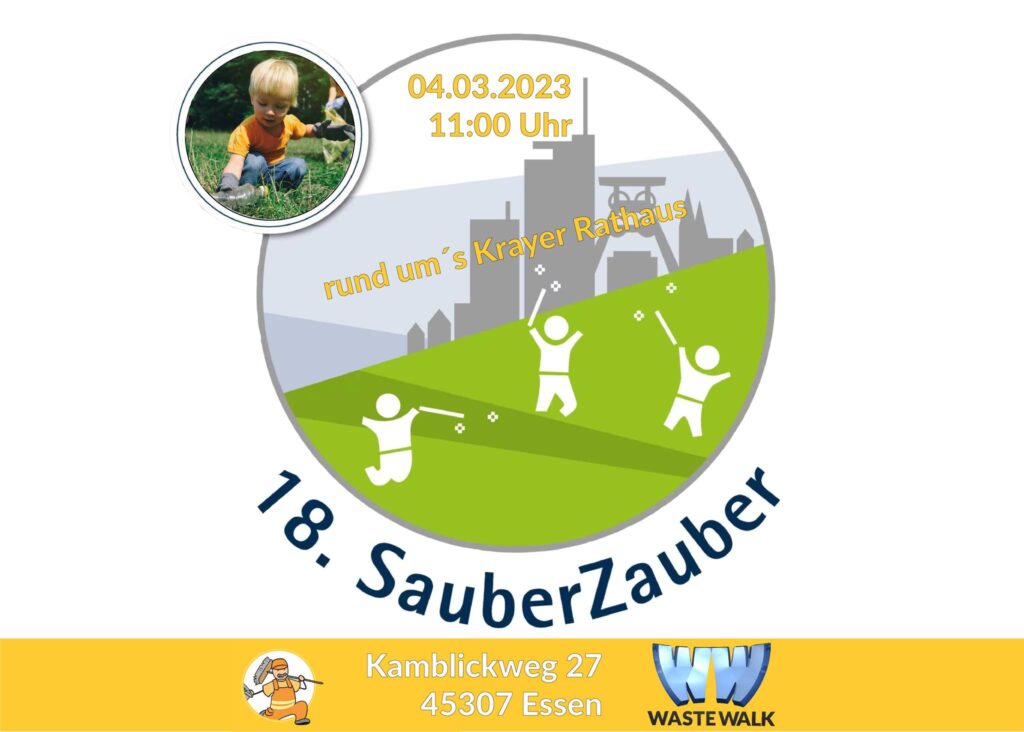 Banner in Grün-Orange zu der SauberZauber Aktion von Wastewalk am 04.03.202 am Krayer Rathaus